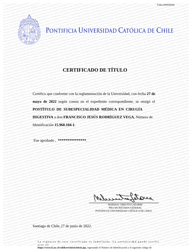 Certificado subespecialidad médica en cirugia digestiva, Pontificia Universidad Catolica de Chile